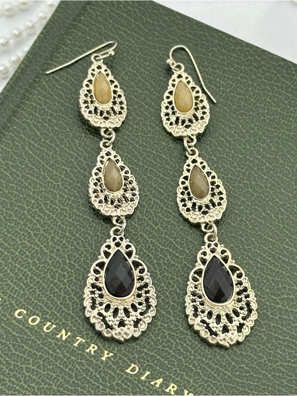 Silver Vintage Dangle Earrings with Black and Tan Stones